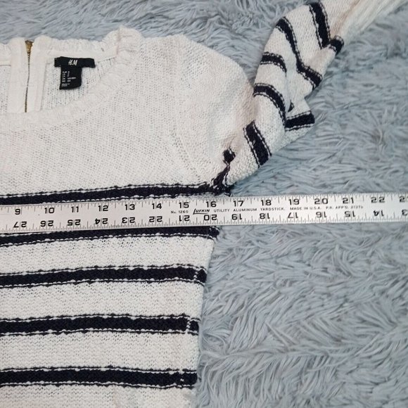 H & M Womens Sweater White Small Stripes Zip Back Cotton Round Neck - Picture 8 of 12